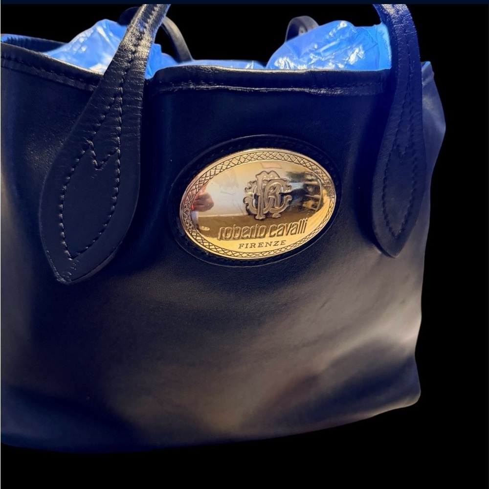 Roberto Cavalli Luxury Black Leather Tote with Gold Plaque
